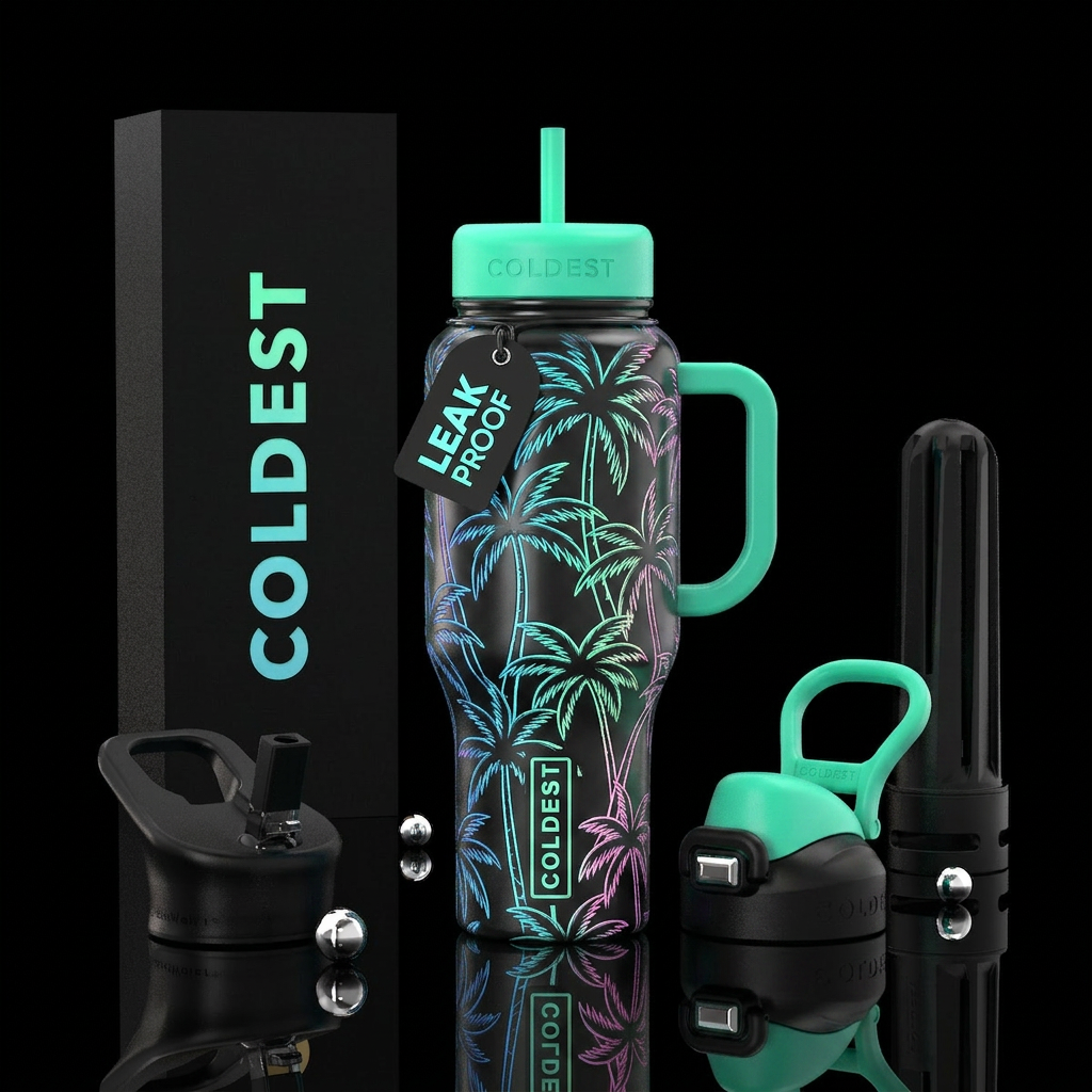 palm trees glowie water bottle design