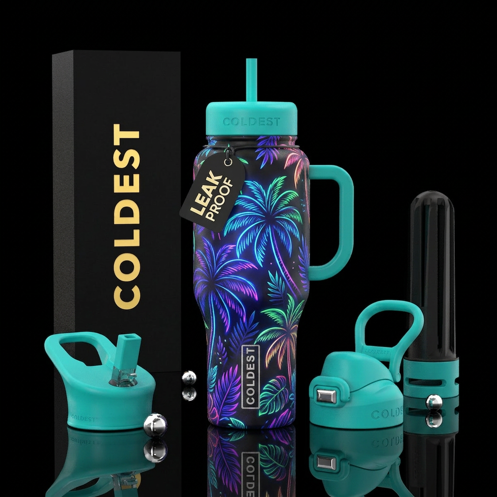 palm trees glowie water bottle design