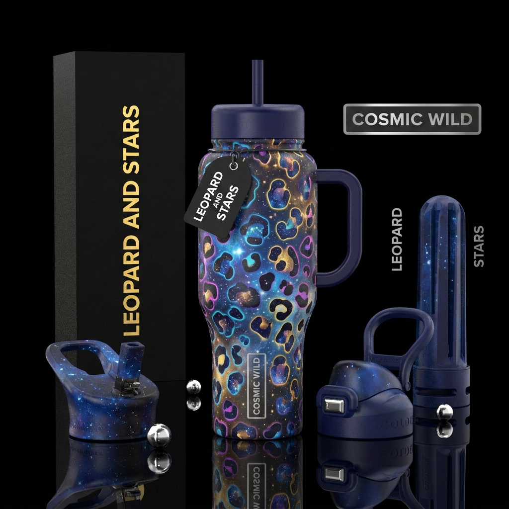 leopard, starry night water bottle design