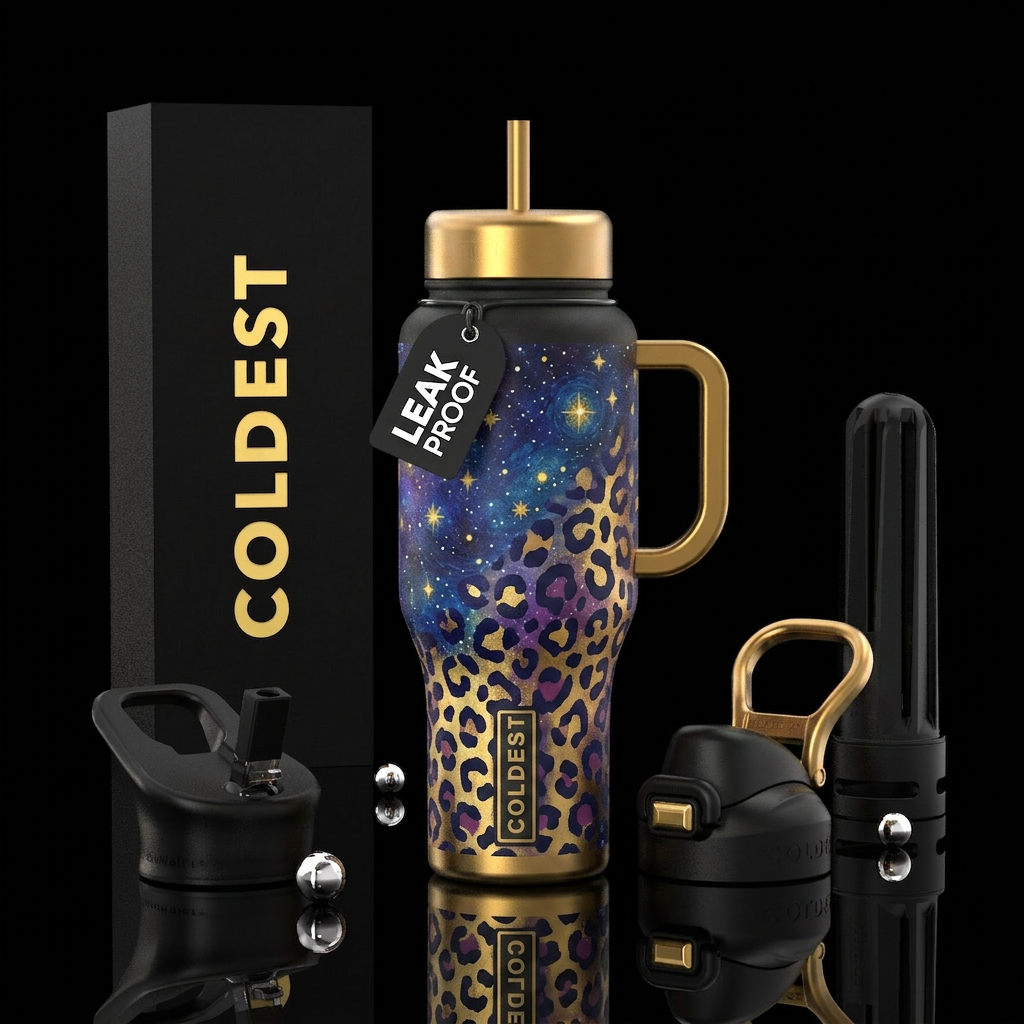leopard, starry night water bottle design