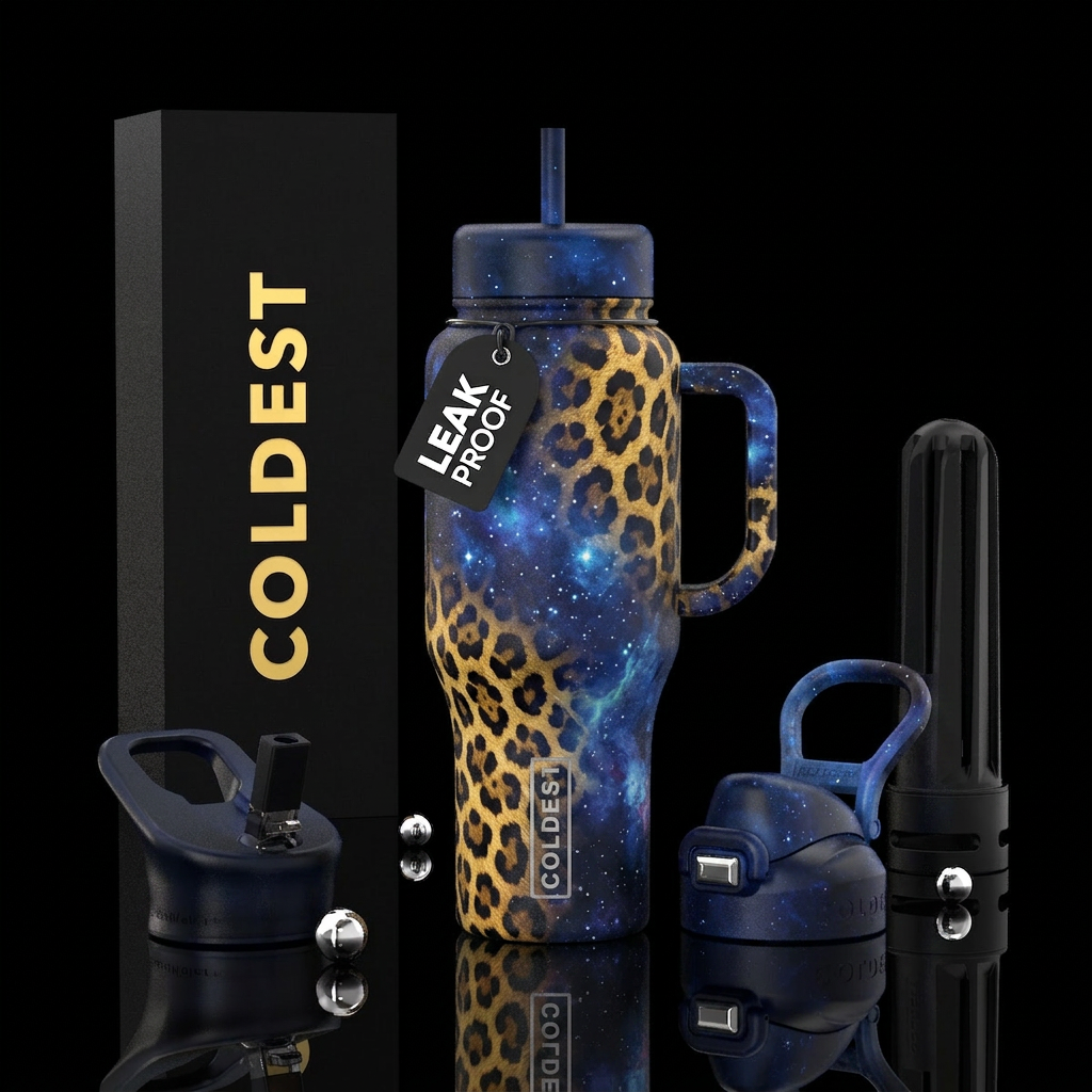leopard, starry night water bottle design
