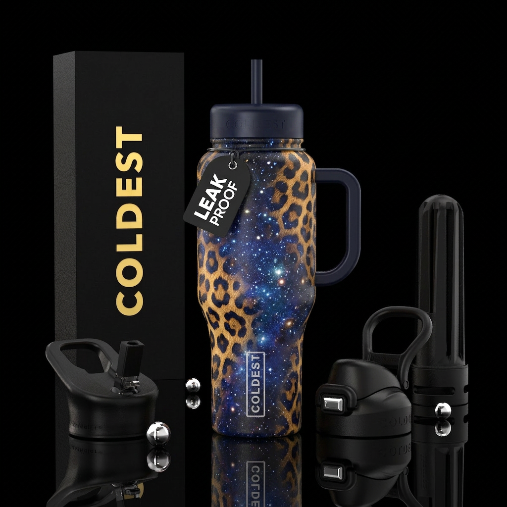 leopard, starry night water bottle design