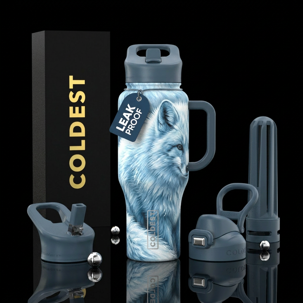 arctic fox, realism water bottle design