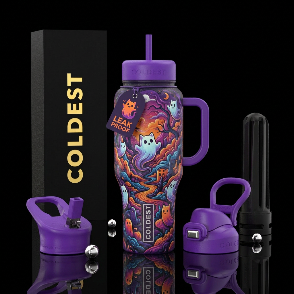 Ghost cats, halloween dream land water bottle design