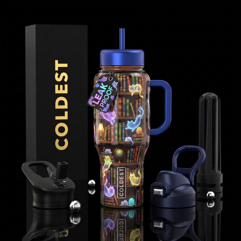 Book nook with ghost cats water bottle design