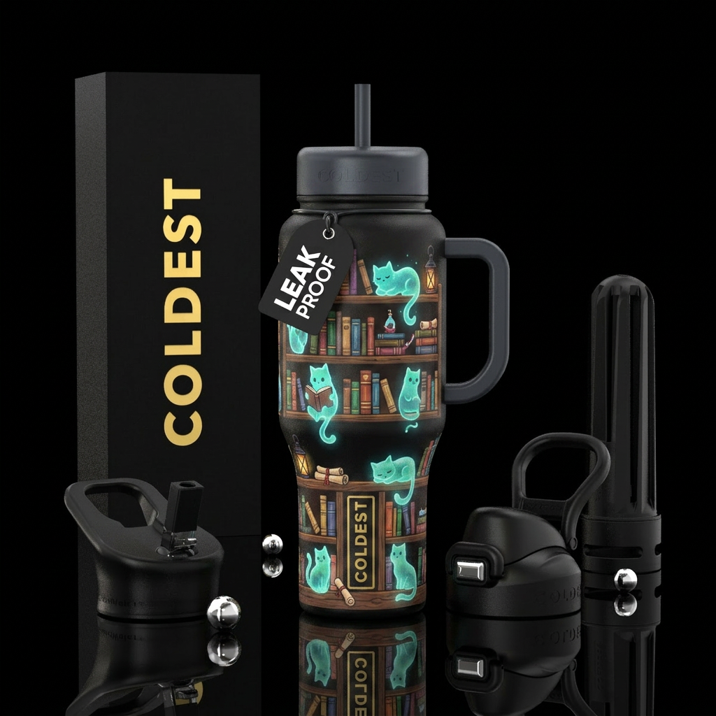 Book nook with ghost cats water bottle design