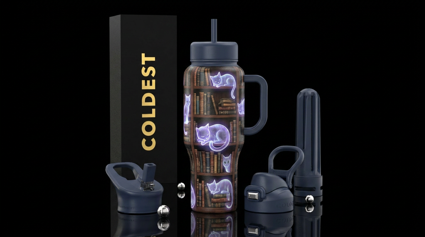 Book nook with ghost cats water bottle design