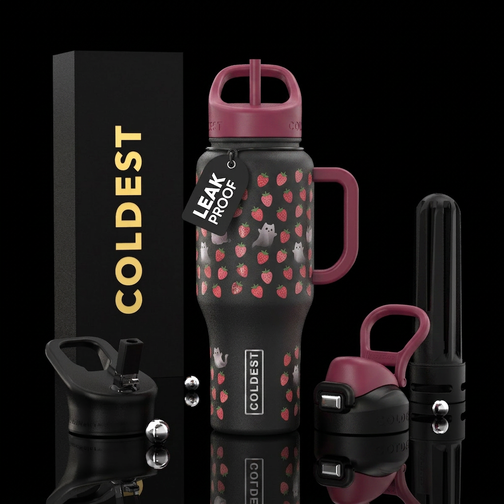 strawberry fields with ghost cats water bottle design