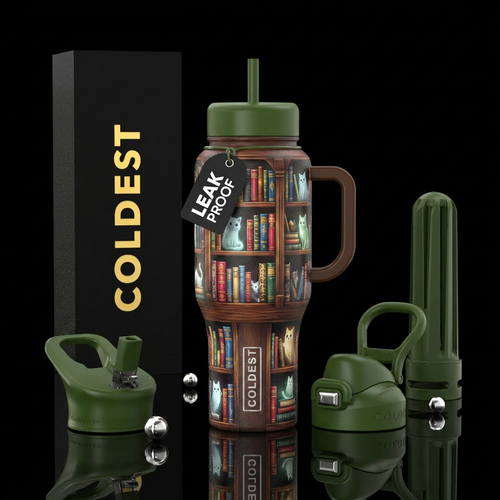 Book nook with ghost cats water bottle design