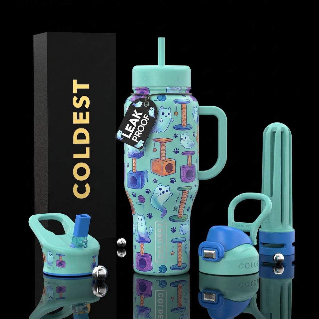 Ghost cats and scratching posts water bottle design