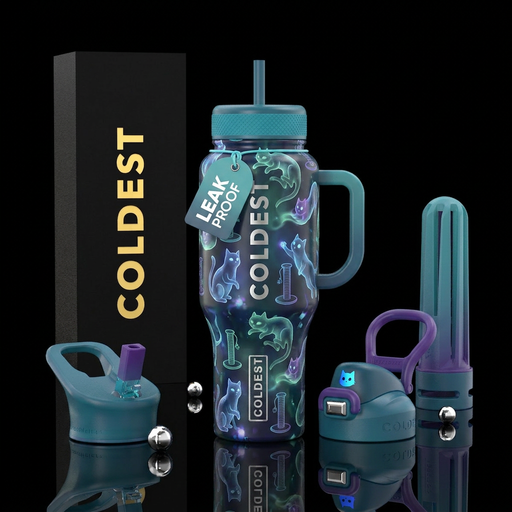 Ghost cats and scratching posts water bottle design