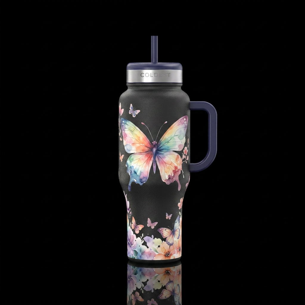 watercolor, butterfly water bottle design