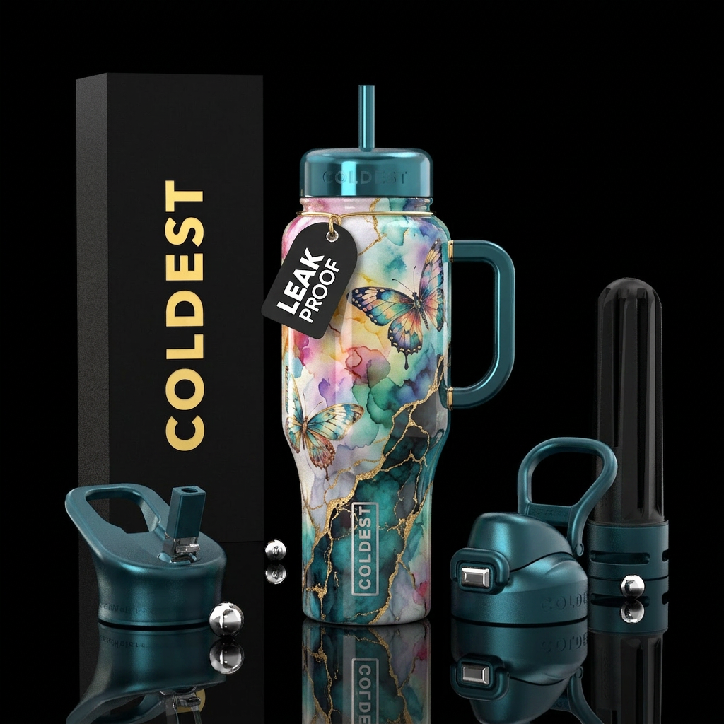 watercolor, butterfly, gold, marble water bottle design