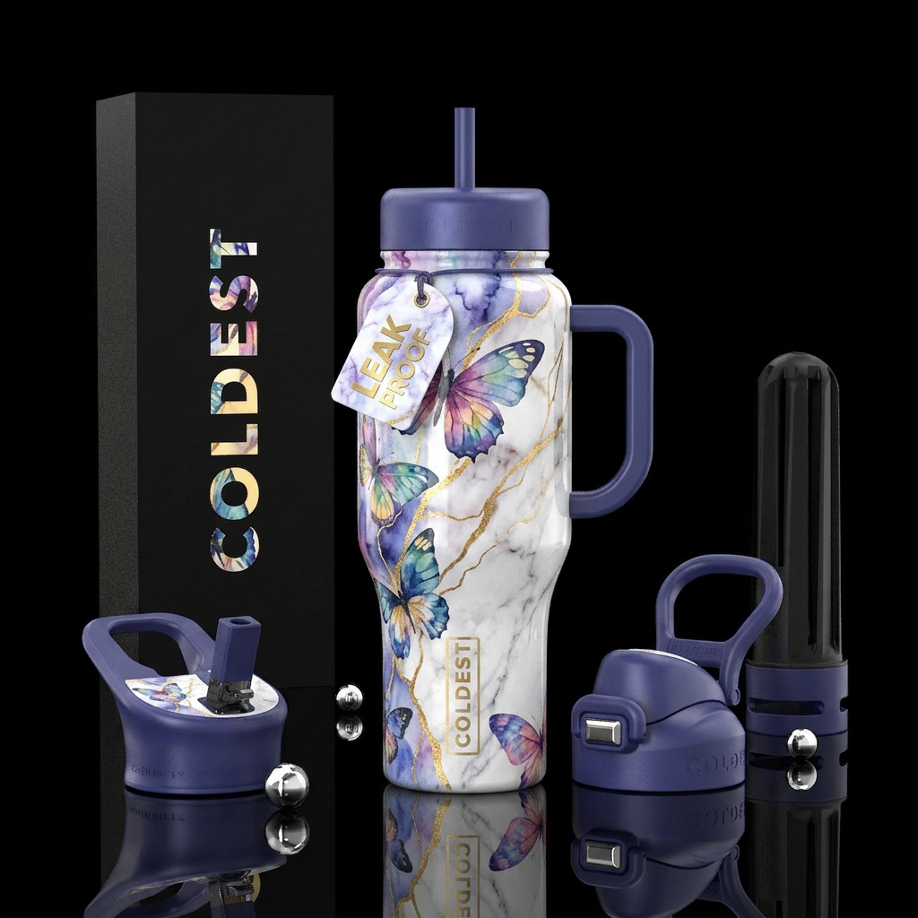 watercolor, butterfly, gold, marble water bottle design