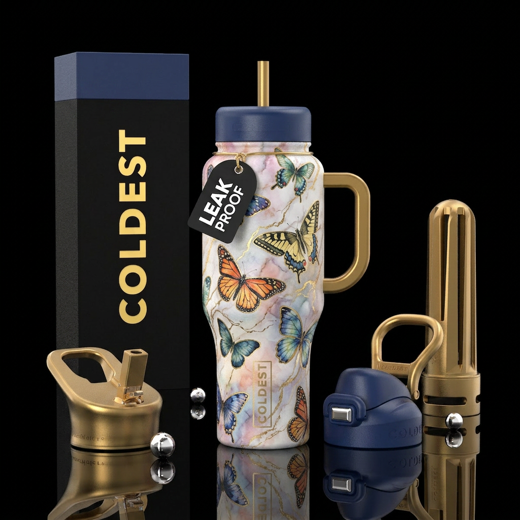 watercolor, butterfly, gold, marble water bottle design