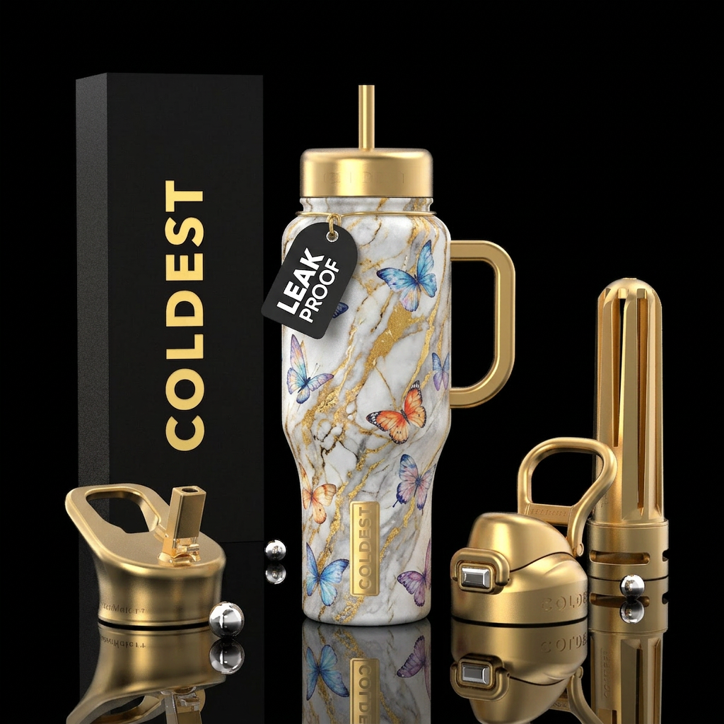 watercolor, butterfly, gold, marble water bottle design