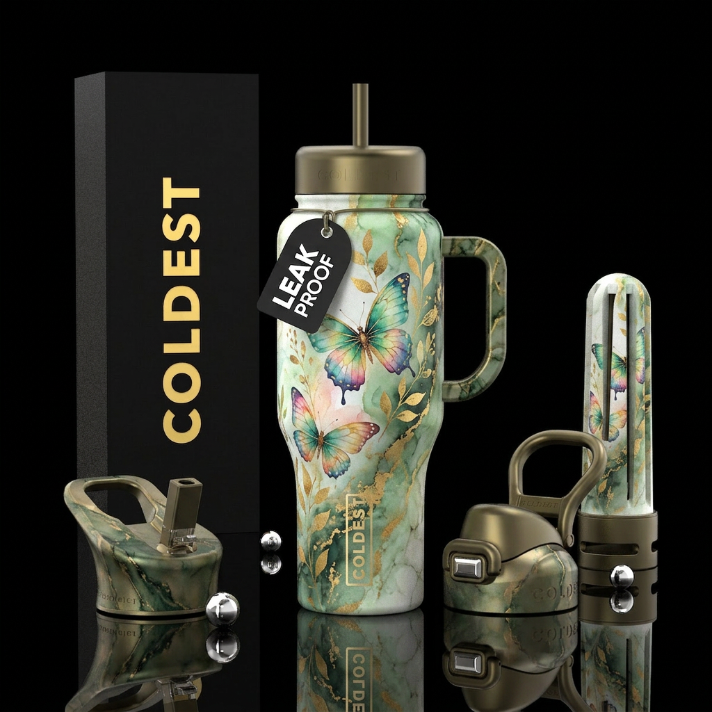 watercolor, butterfly, gold, marble water bottle design