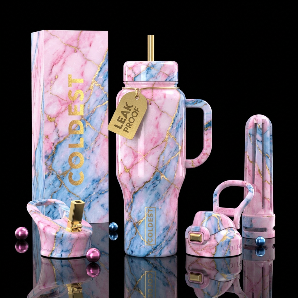 Pink and blue marble, with gold water bottle design