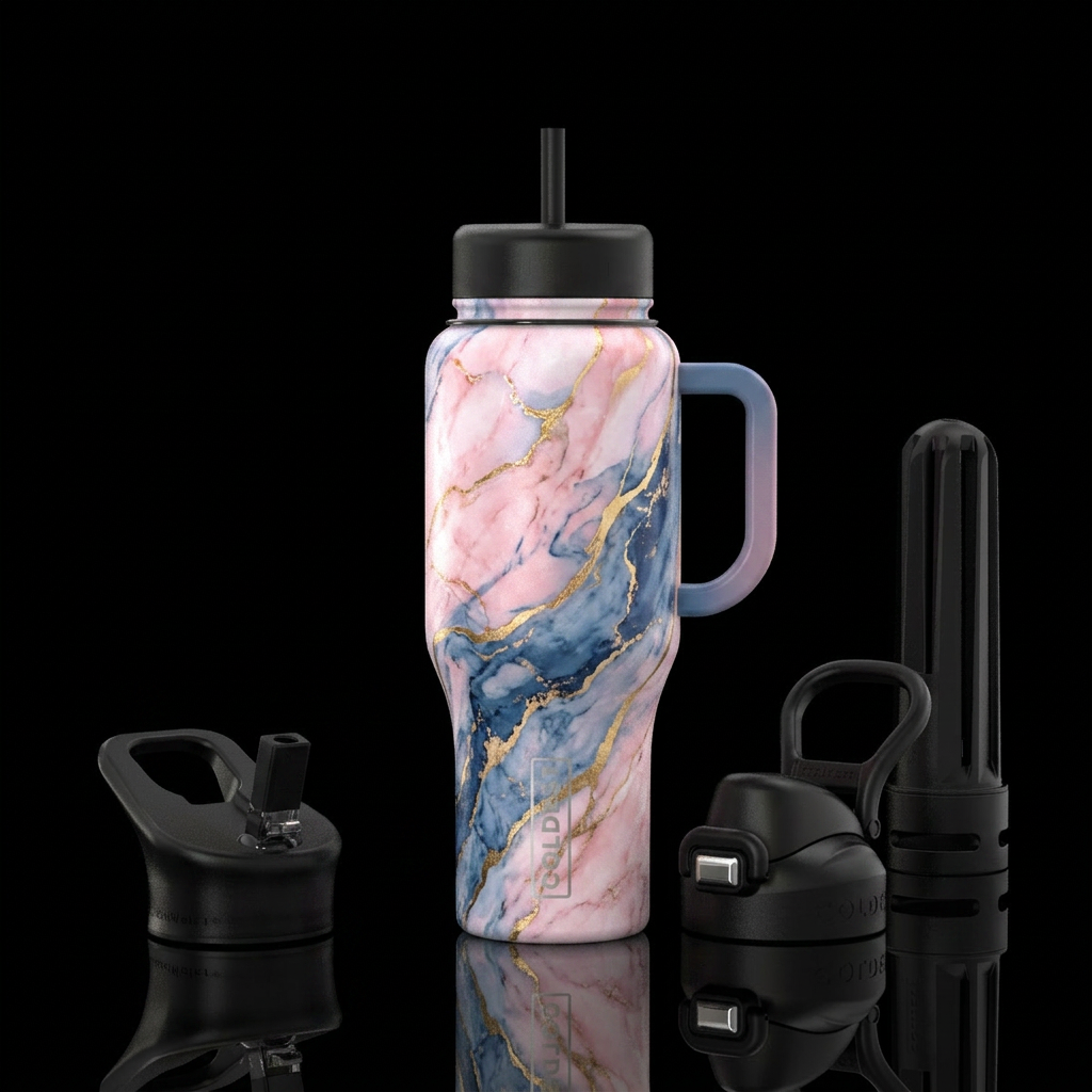 Pink and blue marble, with gold water bottle design