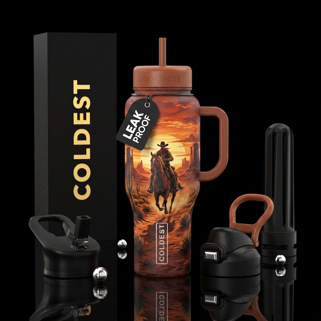 Western Cowboy riding into the sun set water bottle design