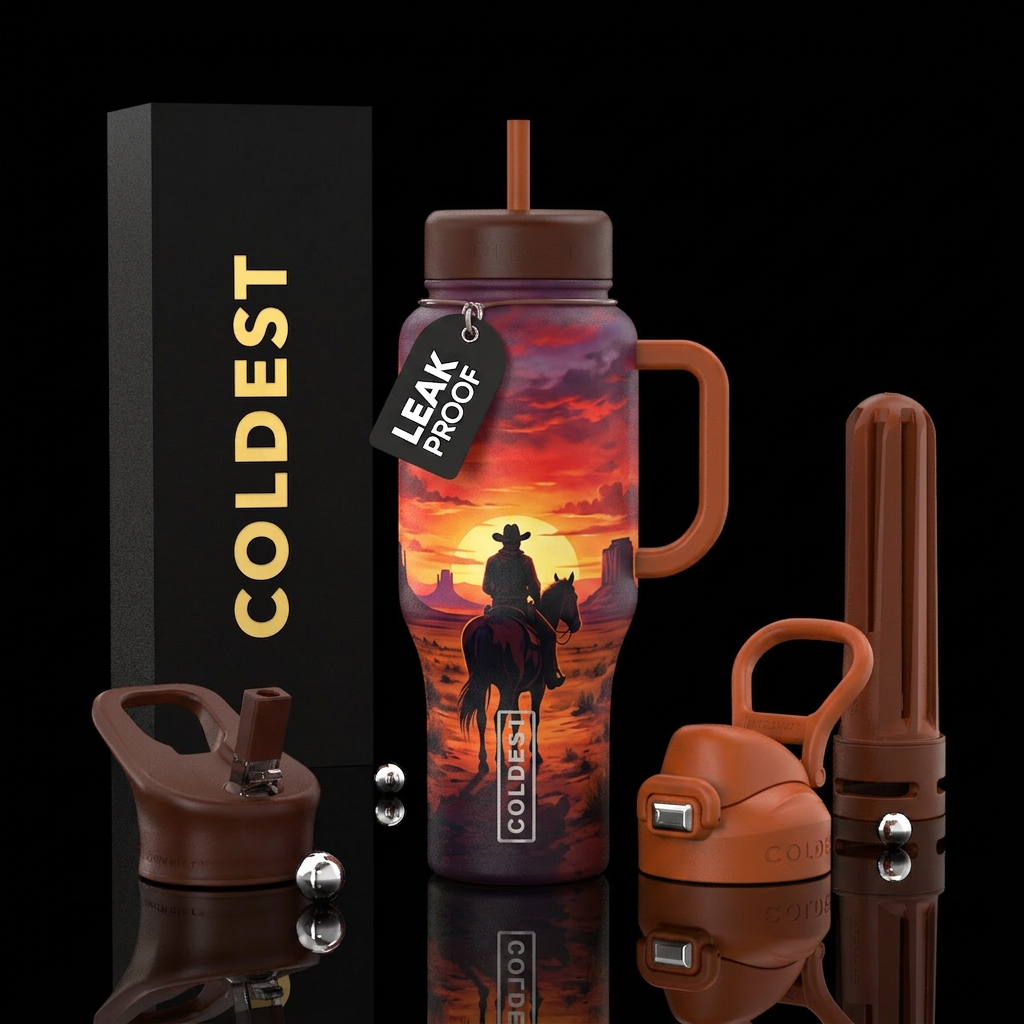 Western Cowboy riding into the sun set water bottle design