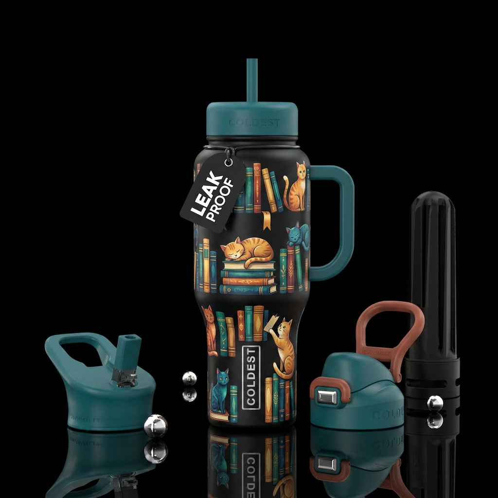 Books and cats water bottle design