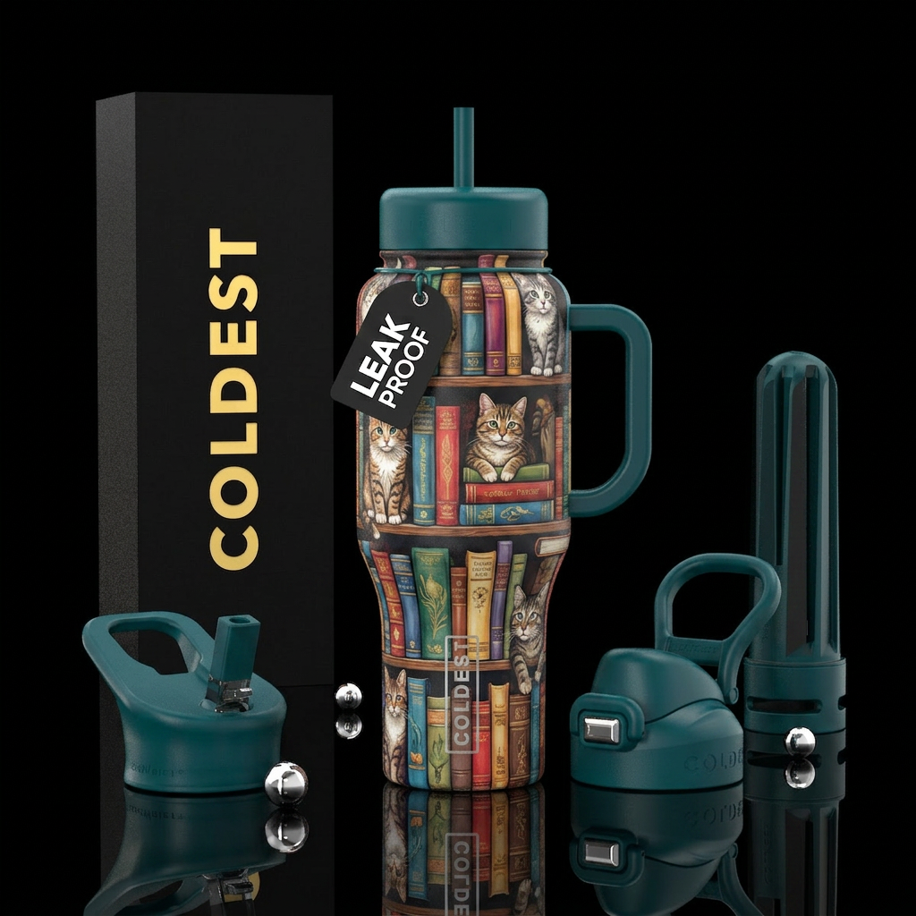 Books and cats water bottle design