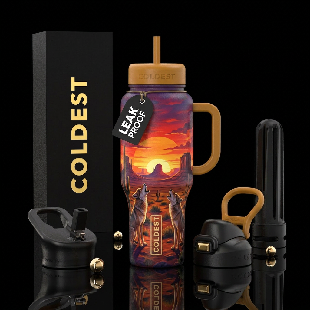 Western sun set with coyotes water bottle design