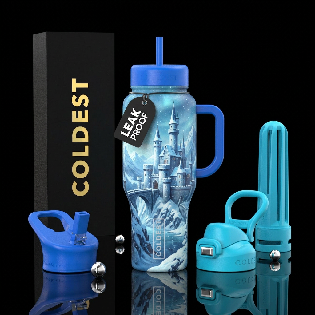 Snowy castle water bottle design