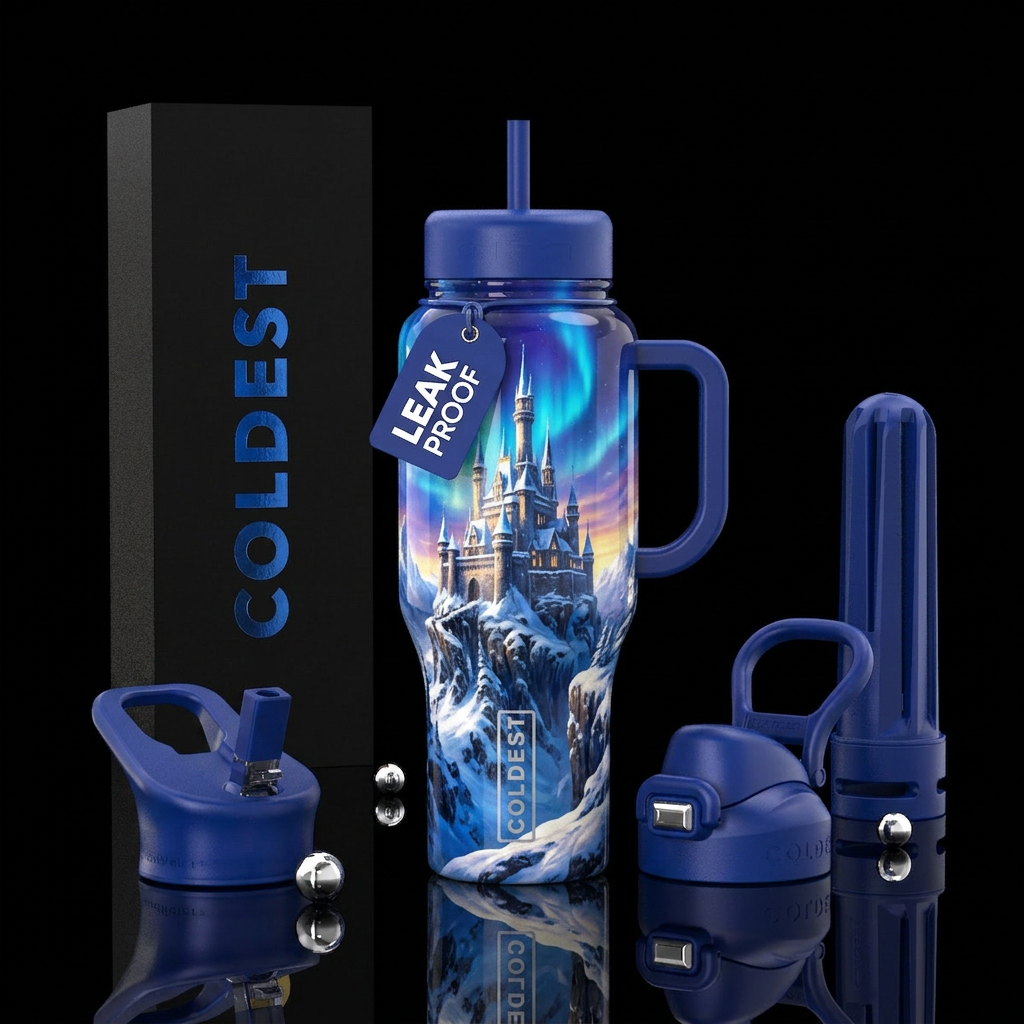 Snowy castle water bottle design