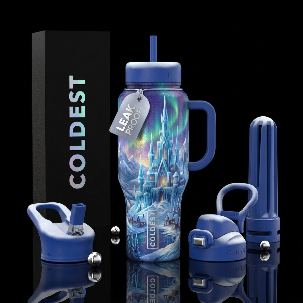 Castle, winter wonderland water bottle design