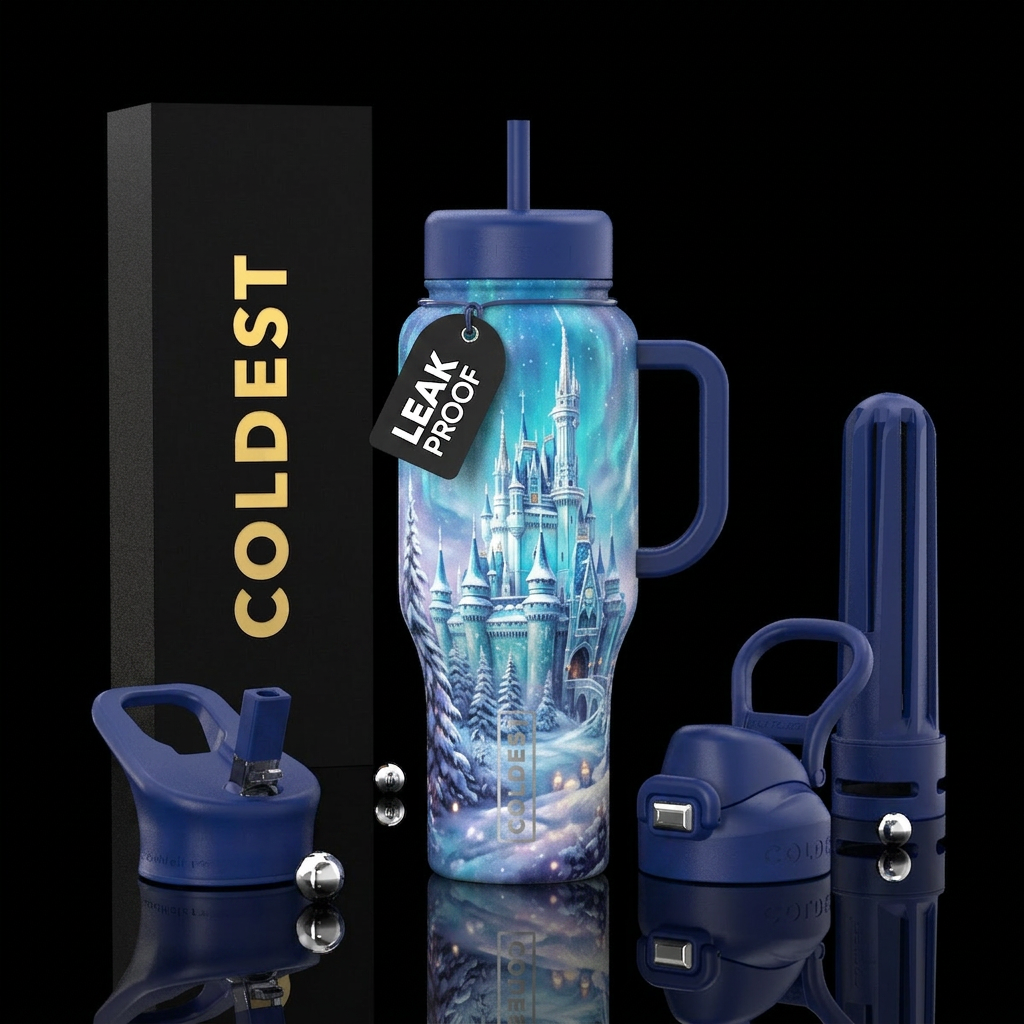 Castle, winter wonderland water bottle design