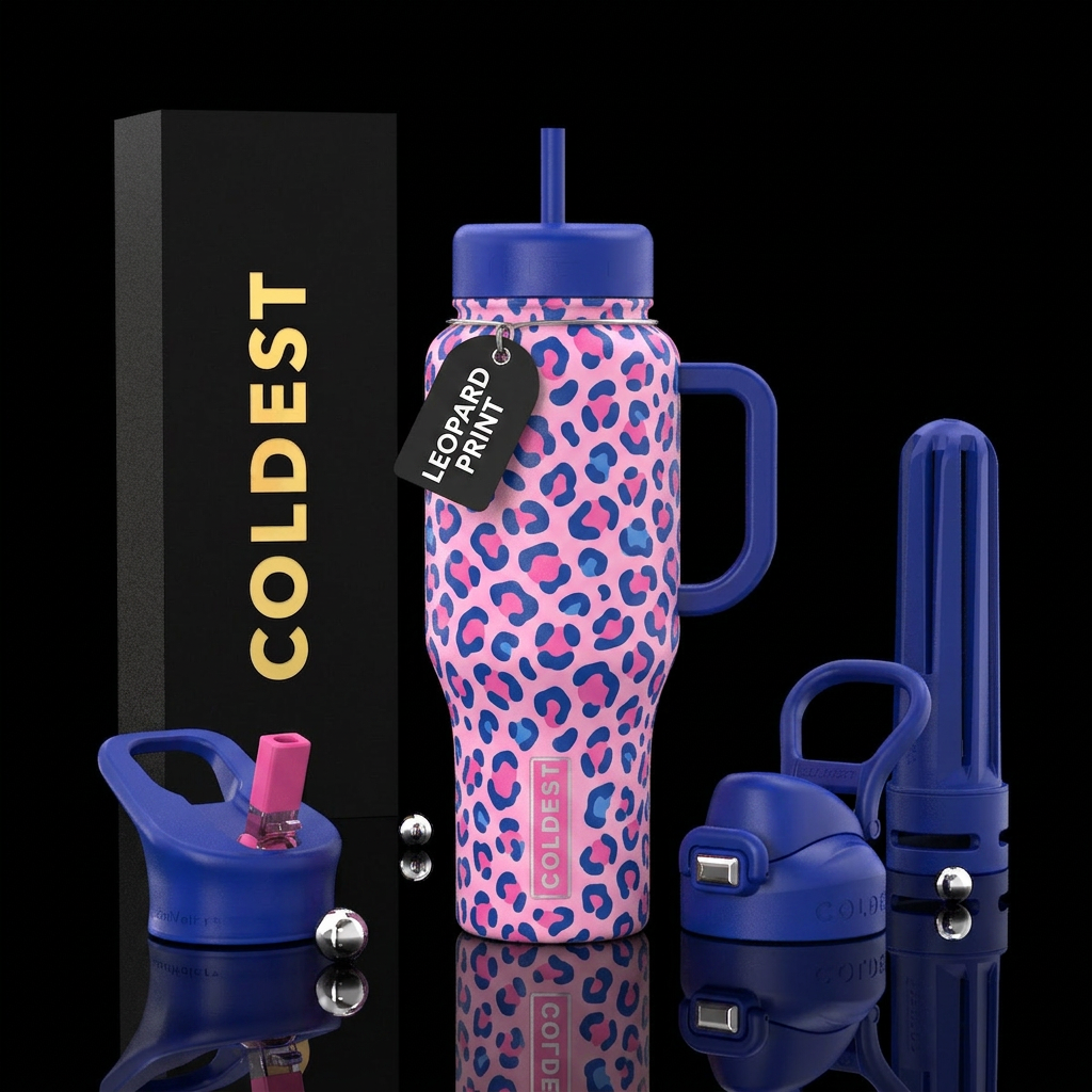 Leopard print pink and blue water bottle design