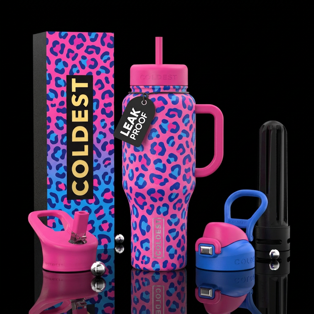 Leopard print pink and blue water bottle design