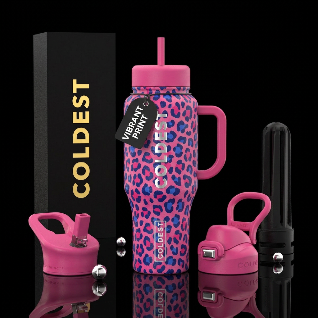 Leopard print pink and blue water bottle design