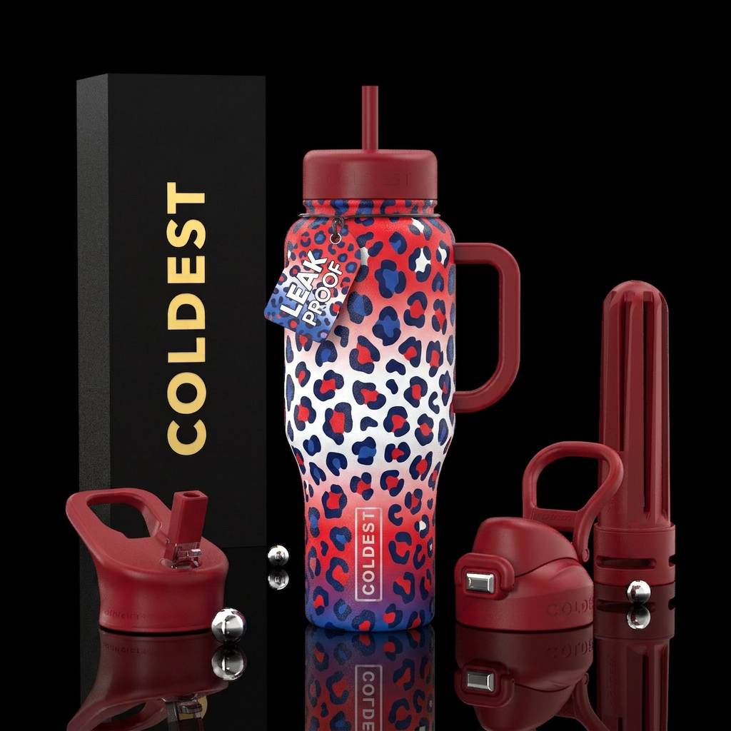 Leopard red white and blue water bottle design