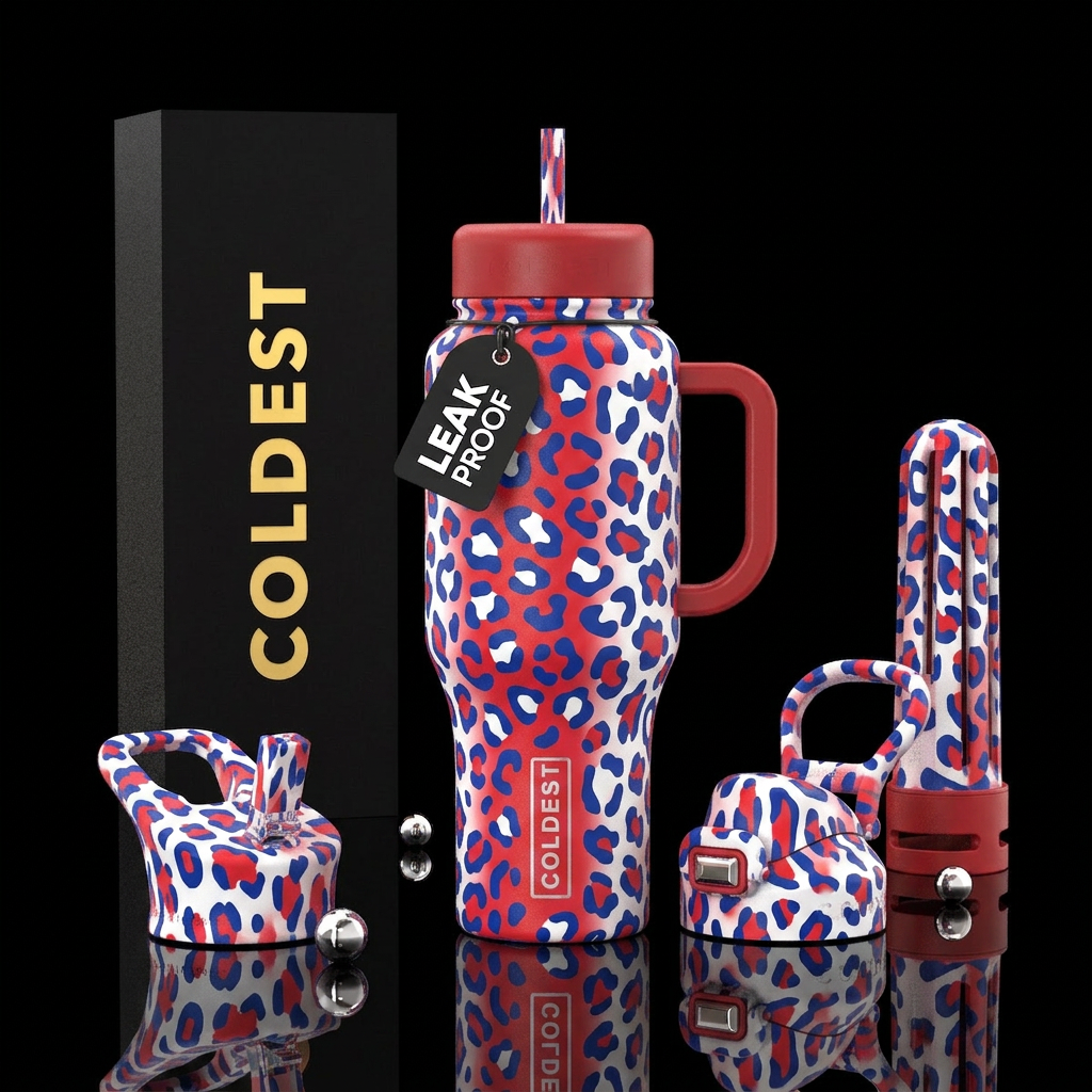 Leopard red white and blue water bottle design