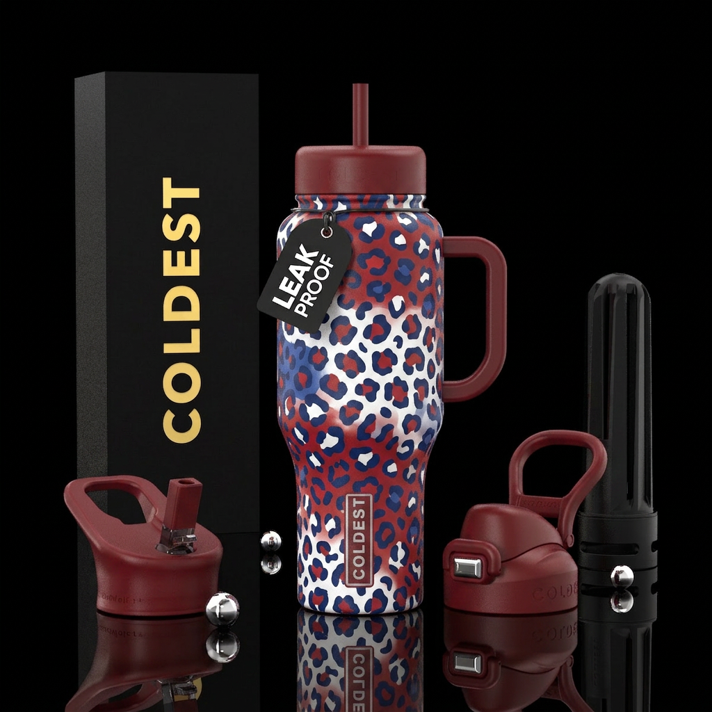 Leopard red white and blue water bottle design