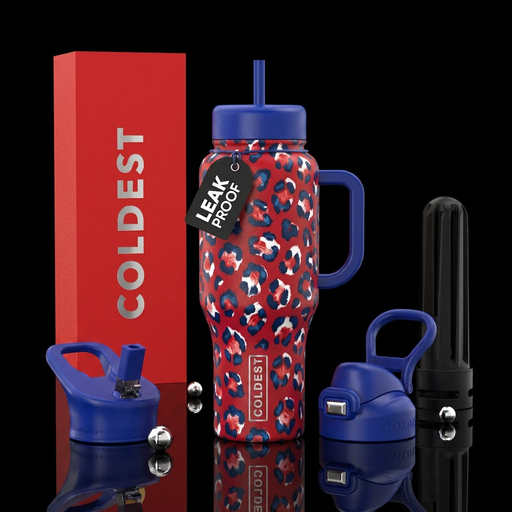Leopard red white and blue water bottle design