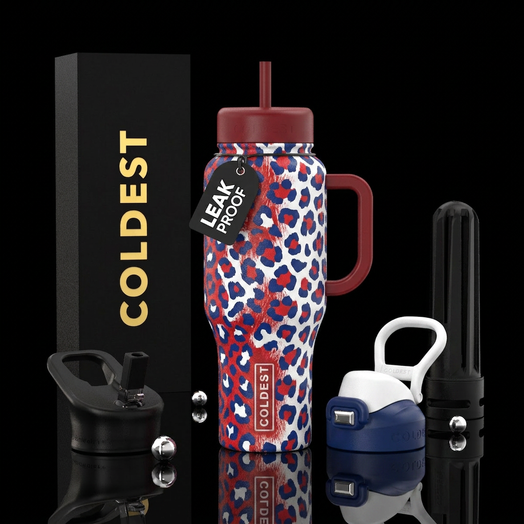Leopard red white and blue water bottle design