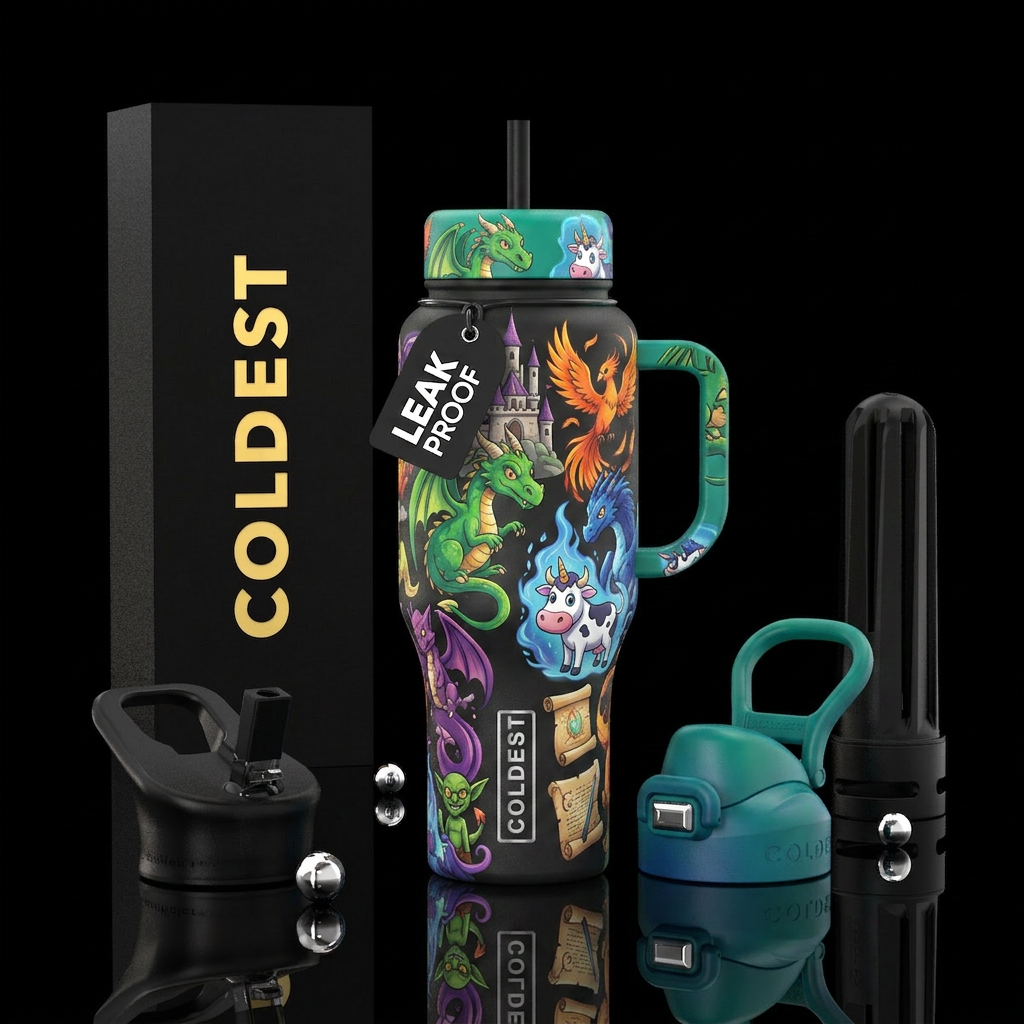 mythical, cartoon water bottle design