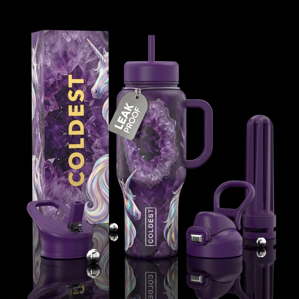 amethyst, unicorn water bottle design