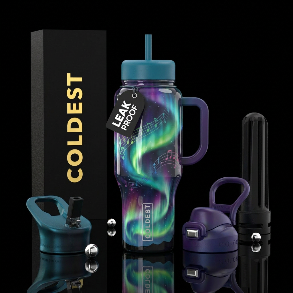 northern lights, music notes water bottle design