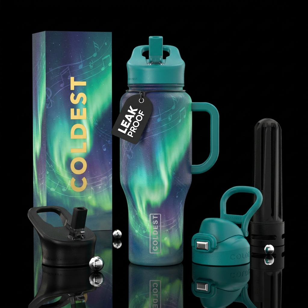 northern lights, music notes water bottle design