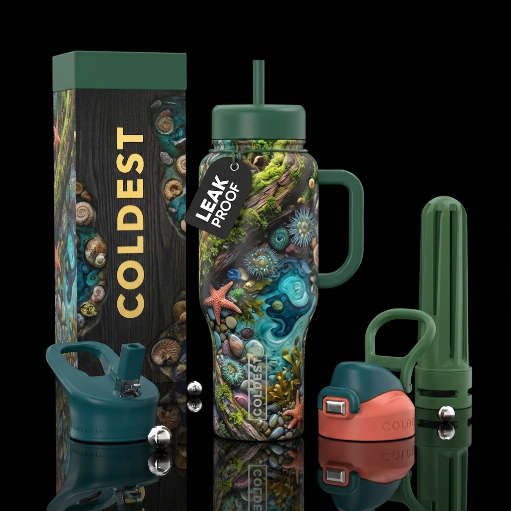 enchanted woods, tide pools water bottle design