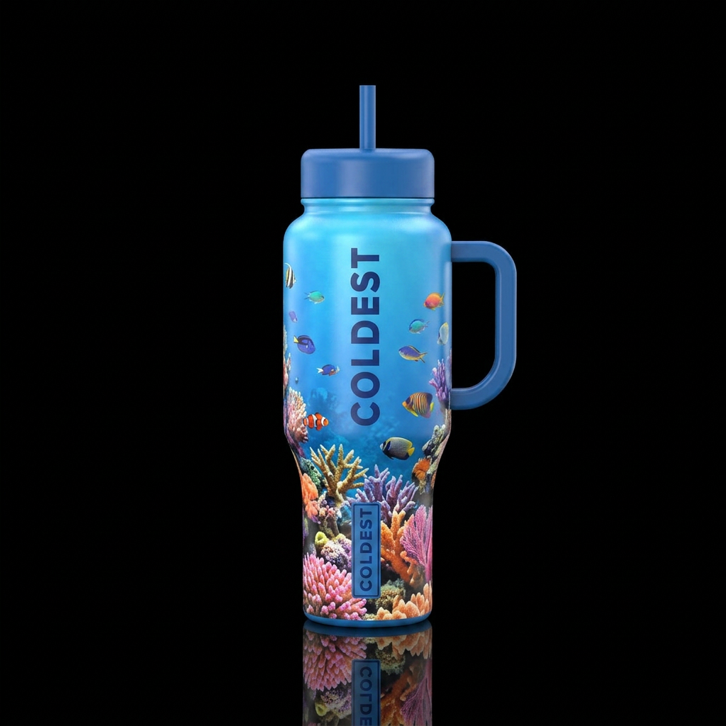 Coral reef with blue background water bottle design