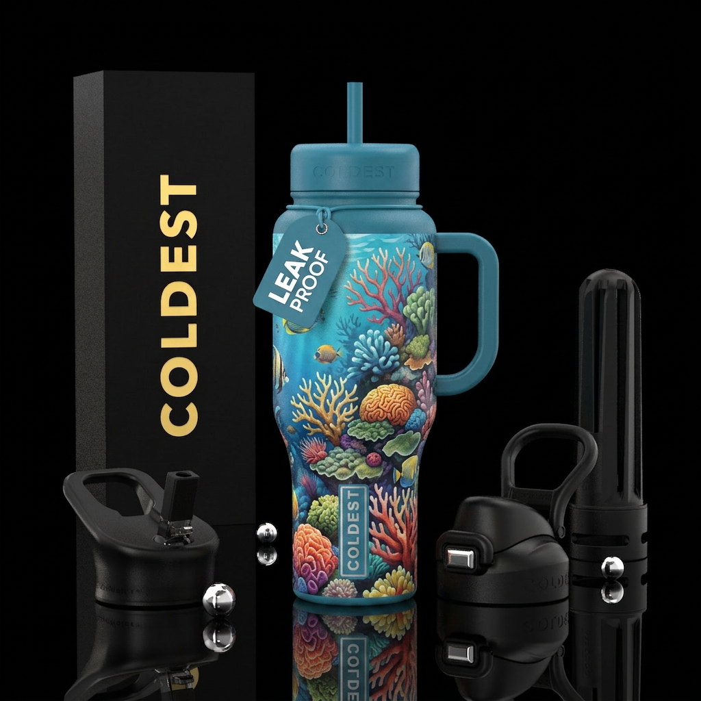 Coral reef with blue background water bottle design