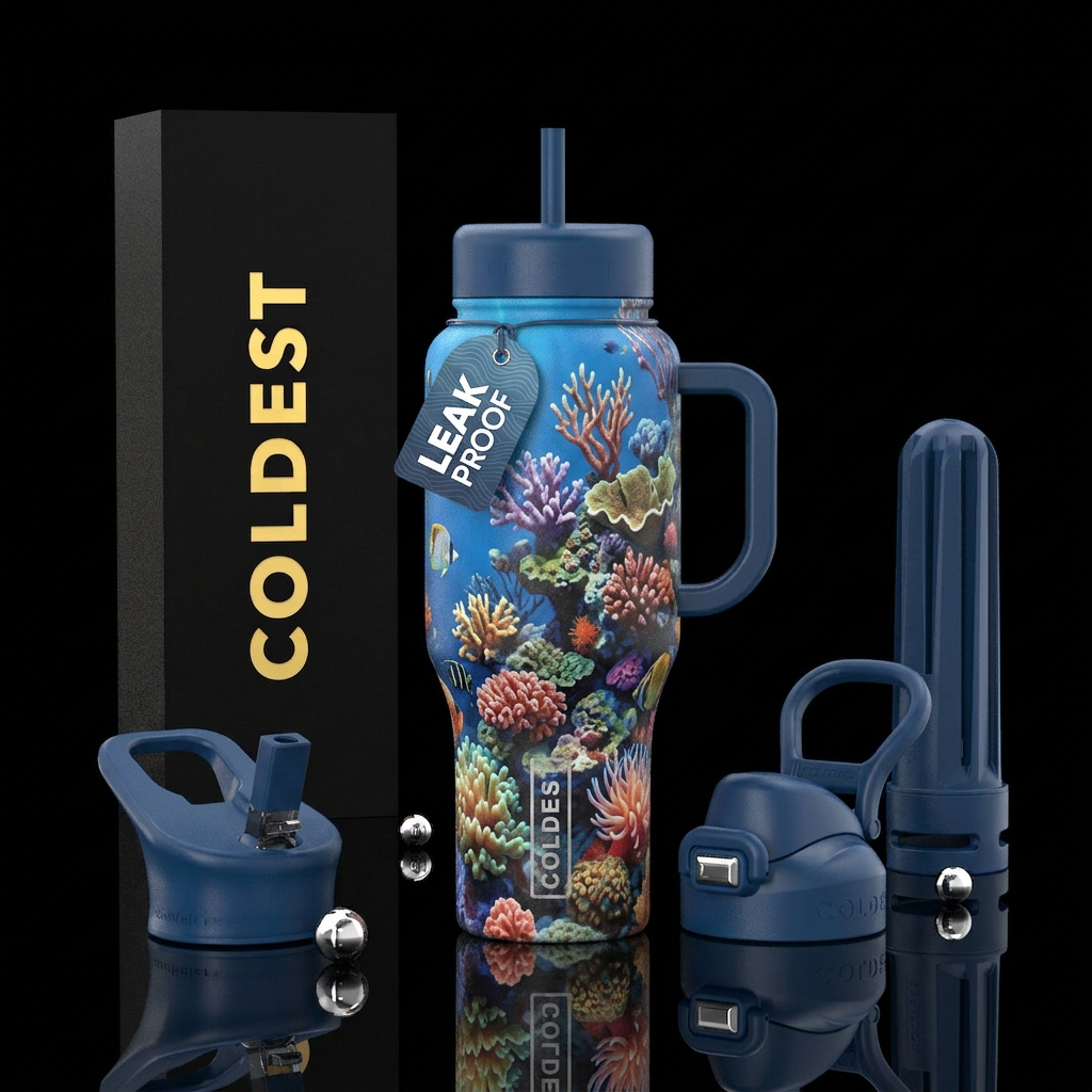 Coral reef with blue background water bottle design