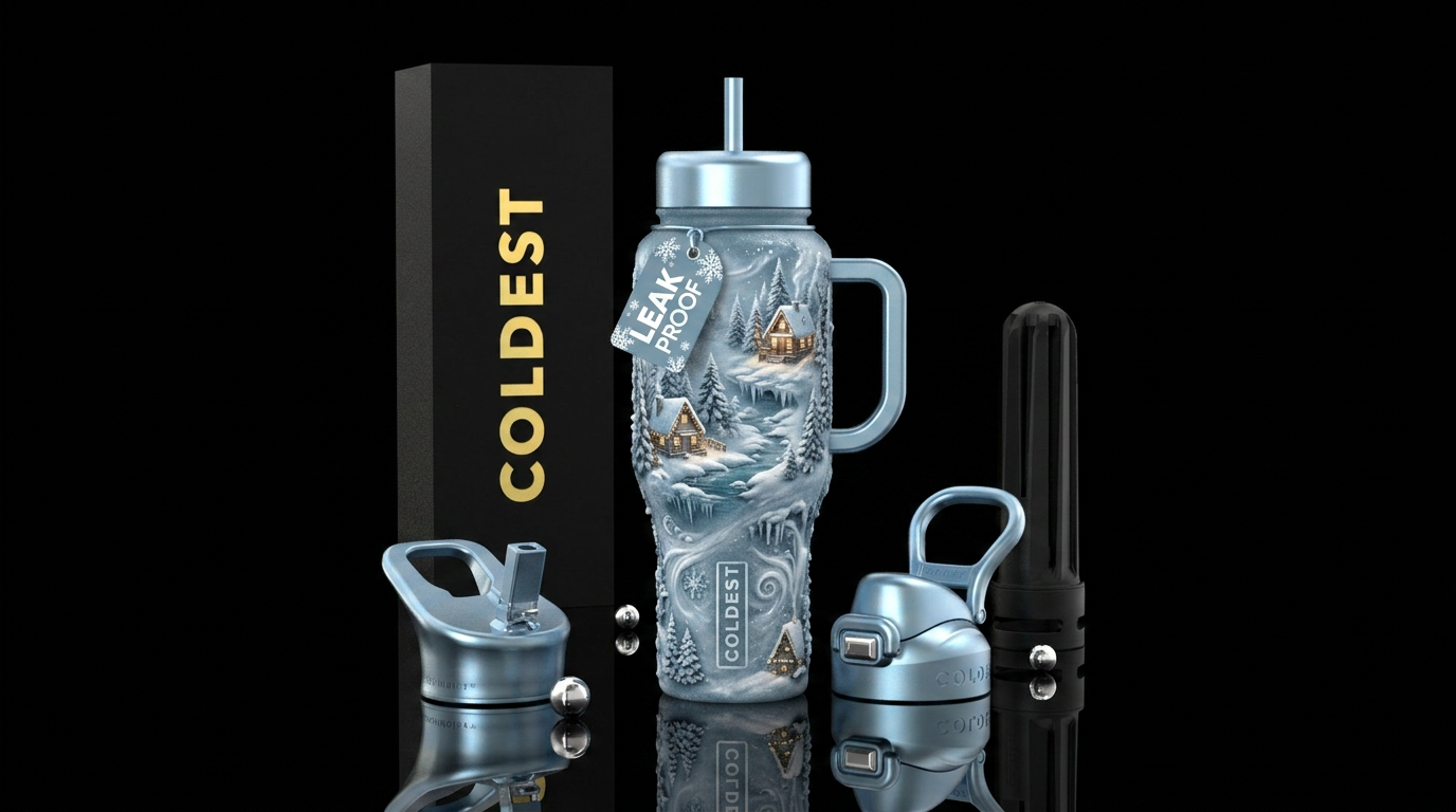 winter wonderland, whimsical water bottle design