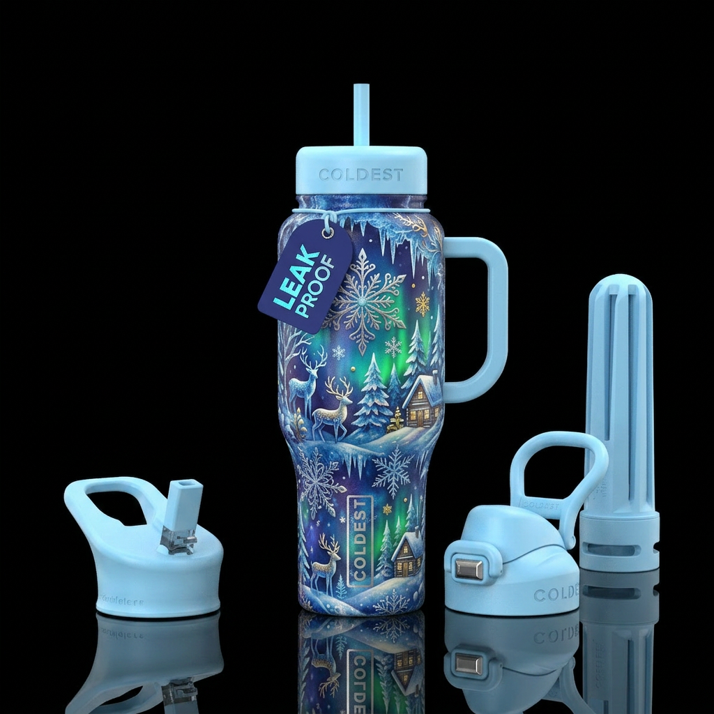 winter wonderland, whimsical water bottle design